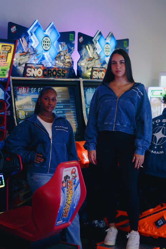 SAMARI BRAND BLUE ACID WASH CROPPED ZIP UP💙